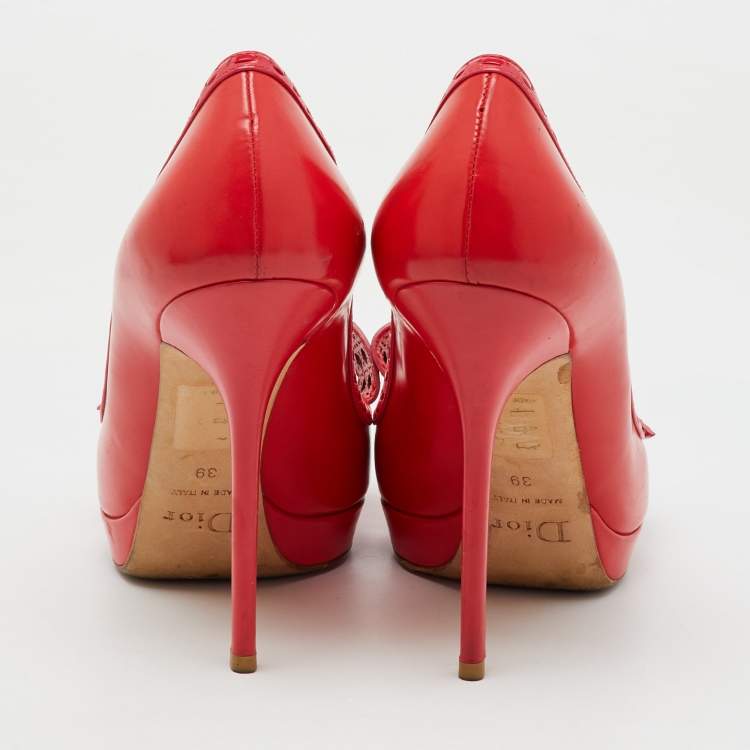 Pre Owned Dior Red Leather Cannage Bow Peep Toe Platform Pumps Size 39