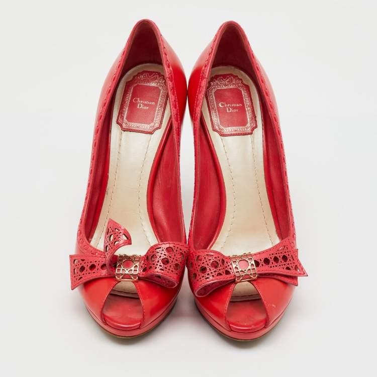 Pre Owned Dior Red Leather Cannage Bow Peep Toe Platform Pumps Size 39