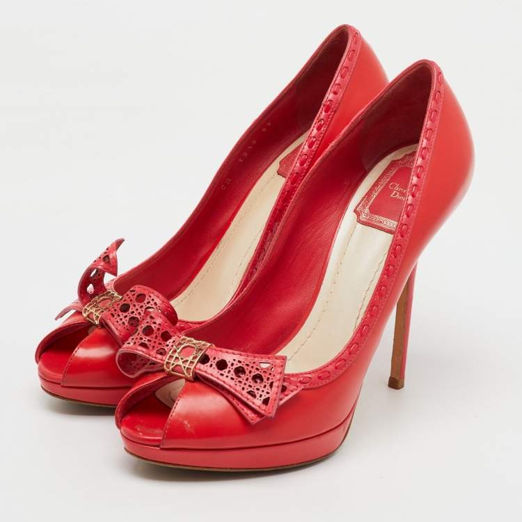 Pre Owned Dior Red Leather Cannage Bow Peep Toe Platform Pumps Size 39