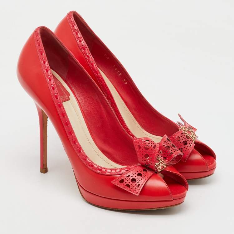Pre Owned Dior Red Leather Cannage Bow Peep Toe Platform Pumps Size 39
