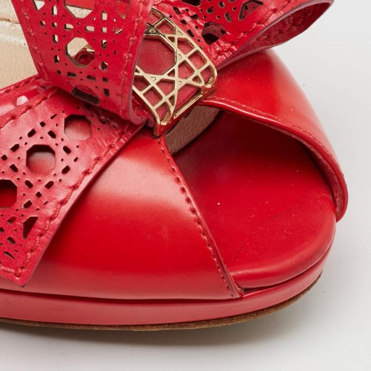 Pre Owned Dior Red Leather Cannage Bow Peep Toe Platform Pumps Size 39