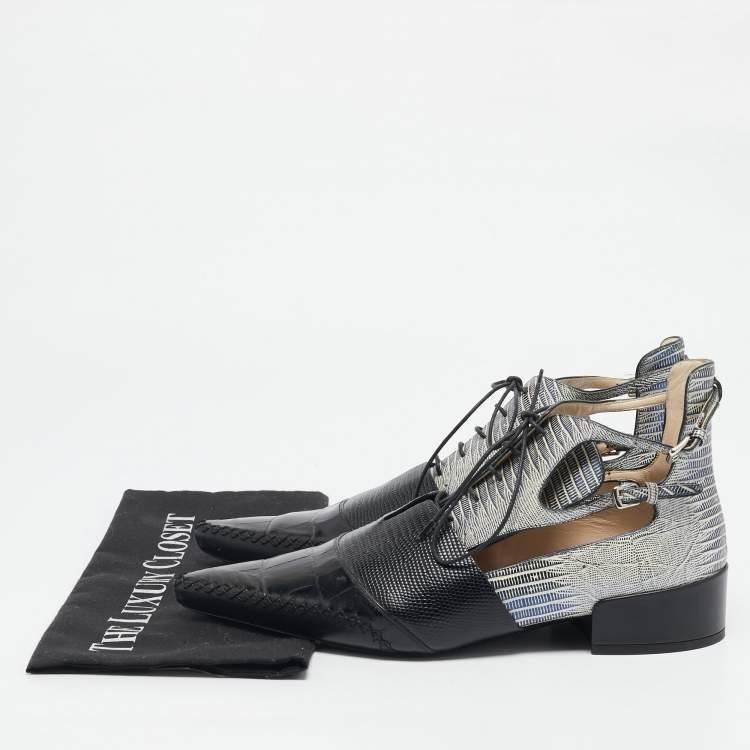 Pre Owned Dior Black Croc and Lizard Embossed Leather Nomade Pointy Ankle Length Boots Size 41