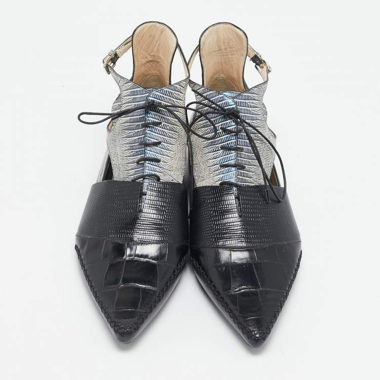 Pre Owned Dior Black Croc and Lizard Embossed Leather Nomade Pointy Ankle Length Boots Size 41