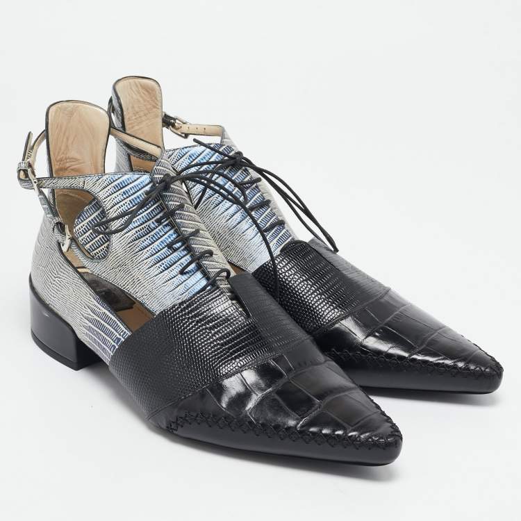 Pre Owned Dior Black Croc and Lizard Embossed Leather Nomade Pointy Ankle Length Boots Size 41