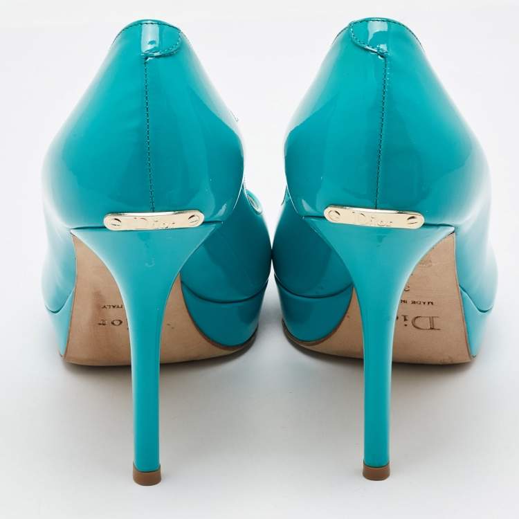 مملوكة مسبقًا Dior Blue Patent Leather Miss Dior Platform Peep Toe Pumps Size 38