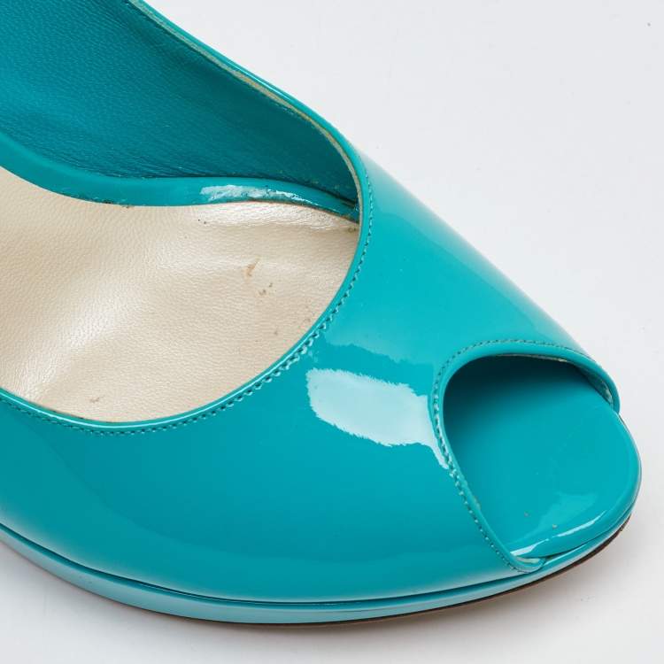 مملوكة مسبقًا Dior Blue Patent Leather Miss Dior Platform Peep Toe Pumps Size 38