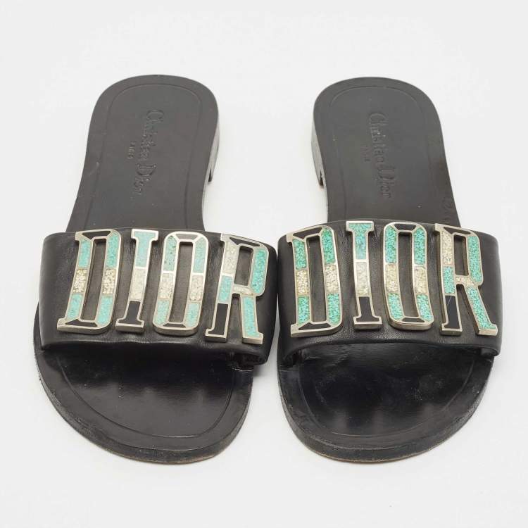 Pre Owned Dior Black Leather Diorevolution Flat Slides Size 38.5