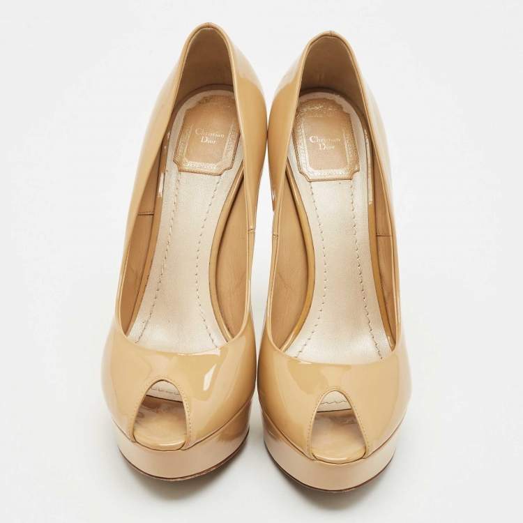 Pre Owned Dior Beige Patent Leather Miss Dior Peep Toe Platform Pumps Size 40