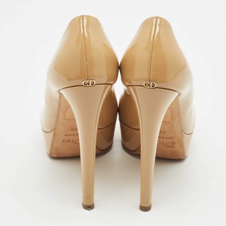 Pre Owned Dior Beige Patent Leather Miss Dior Peep Toe Platform Pumps Size 40