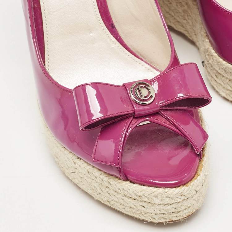 Pre Owned Dior Pink Patent Leather Bow Espadrille Platform Wedge Sandals Size 36