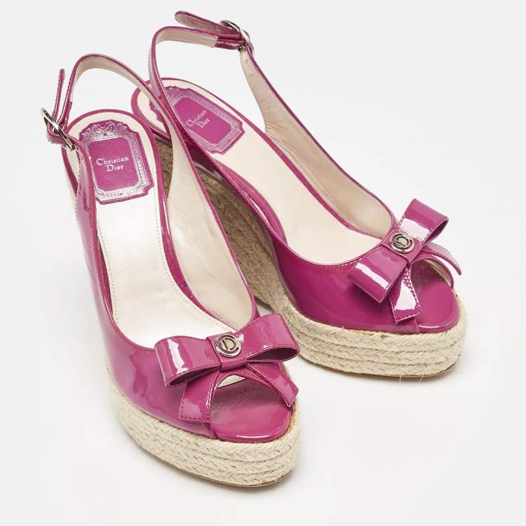 Pre Owned Dior Pink Patent Leather Bow Espadrille Platform Wedge Sandals Size 36