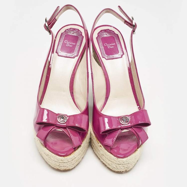 Pre Owned Dior Pink Patent Leather Bow Espadrille Platform Wedge Sandals Size 36