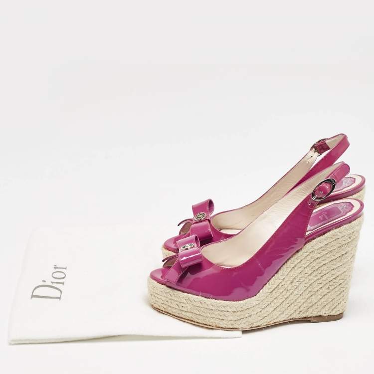 Pre Owned Dior Pink Patent Leather Bow Espadrille Platform Wedge Sandals Size 36