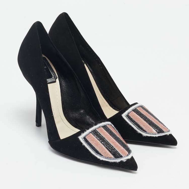 Pre Owned Dior Black Suede Sequins Crest Pumps Size 35