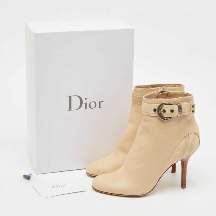Pre Owned Dior Beige Leather Buckle Detail Ankle Booties Size 36