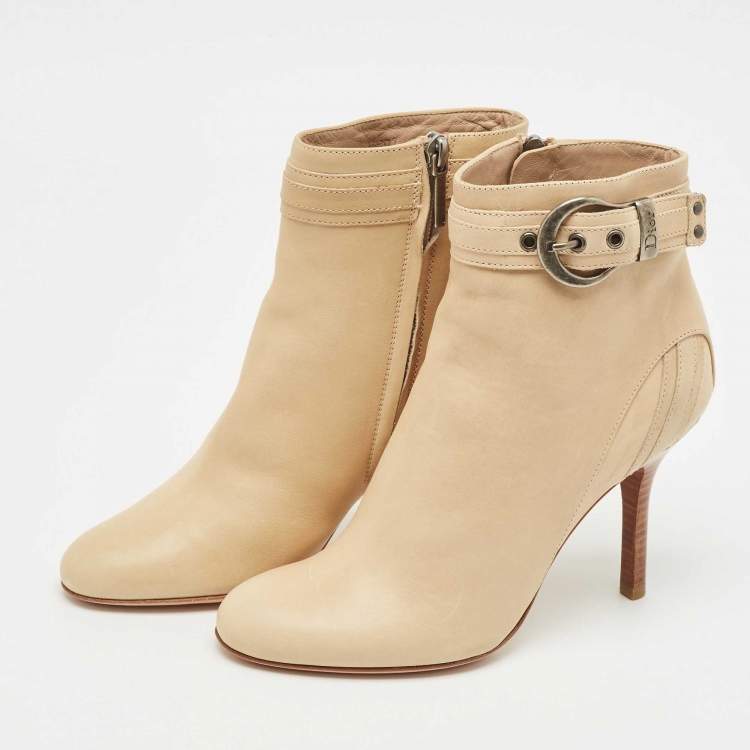 Pre Owned Dior Beige Leather Buckle Detail Ankle Booties Size 36