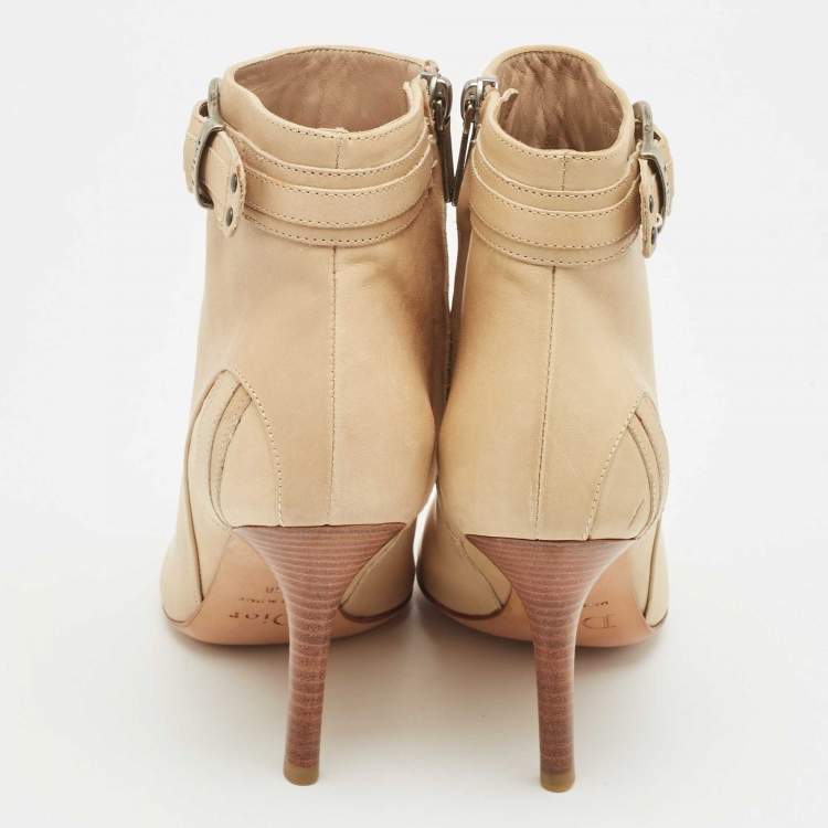Pre Owned Dior Beige Leather Buckle Detail Ankle Booties Size 36