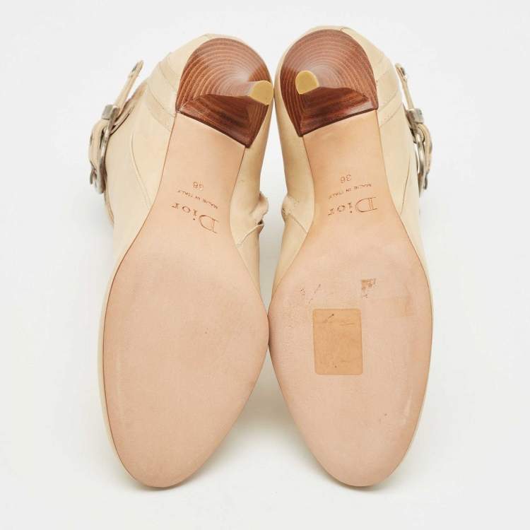 Pre Owned Dior Beige Leather Buckle Detail Ankle Booties Size 36