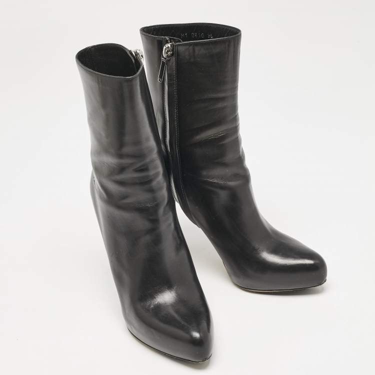 Pre Owned Dior Black Leather Zipped Ankle Length Boots Size 36