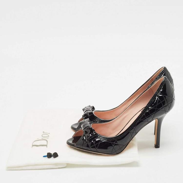 Pre Owned Dior Black Cannage Patent Leather Bow Peep Toe Pumps Size 36.5
