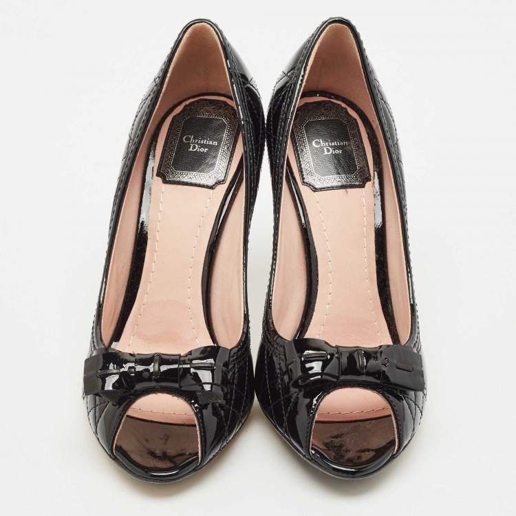 Pre Owned Dior Black Cannage Patent Leather Bow Peep Toe Pumps Size 36.5