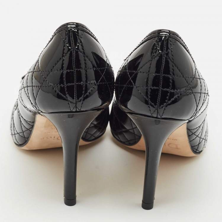 Pre Owned Dior Black Cannage Patent Leather Bow Peep Toe Pumps Size 36.5