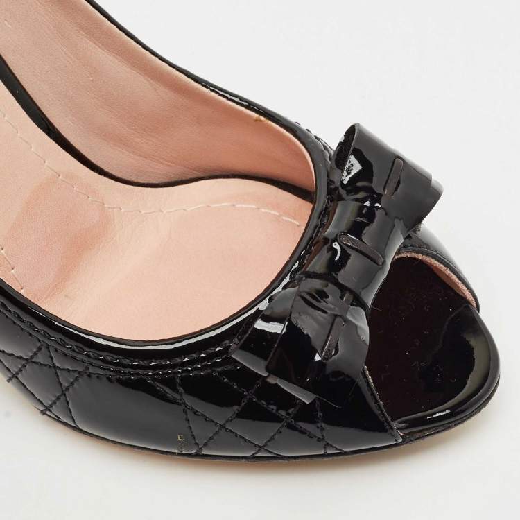 Pre Owned Dior Black Cannage Patent Leather Bow Peep Toe Pumps Size 36.5