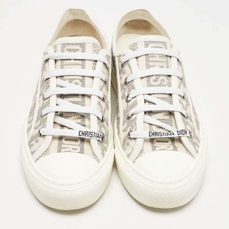 Pre Owned Dior White/Grey Oblique Embroidered Canvas Walk'n'Dior Low Top Sneakers Size 37