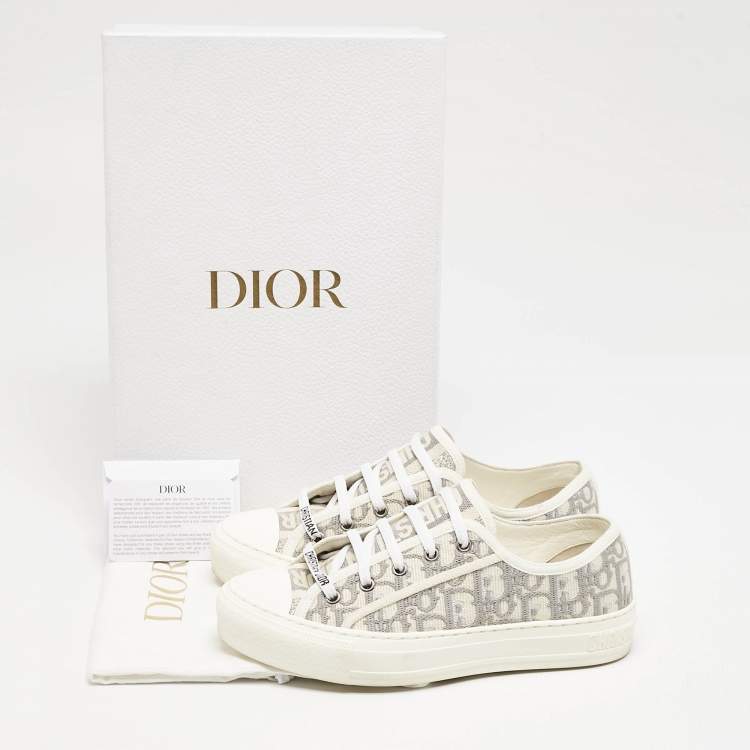 Pre Owned Dior White/Grey Oblique Embroidered Canvas Walk'n'Dior Low Top Sneakers Size 37