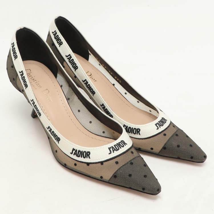 Pre Owned Dior Black/White Polka Dot Mesh and Fabric J'Adior Pumps Size 36.5
