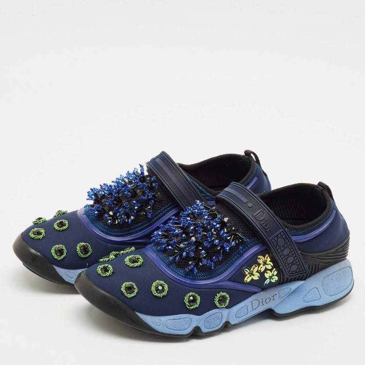 Pre Owned Dior Navy Blue Mesh and Nylon Fusion Floral Embellished Slip On Sneakers Size 37