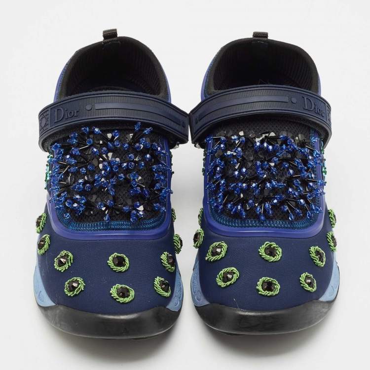 Pre Owned Dior Navy Blue Mesh and Nylon Fusion Floral Embellished Slip On Sneakers Size 37