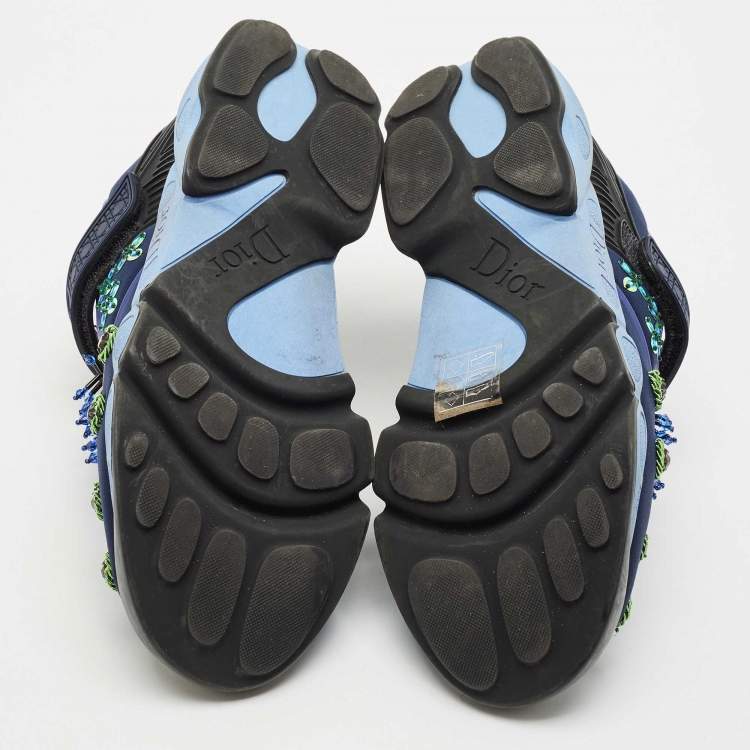 Pre Owned Dior Navy Blue Mesh and Nylon Fusion Floral Embellished Slip On Sneakers Size 37