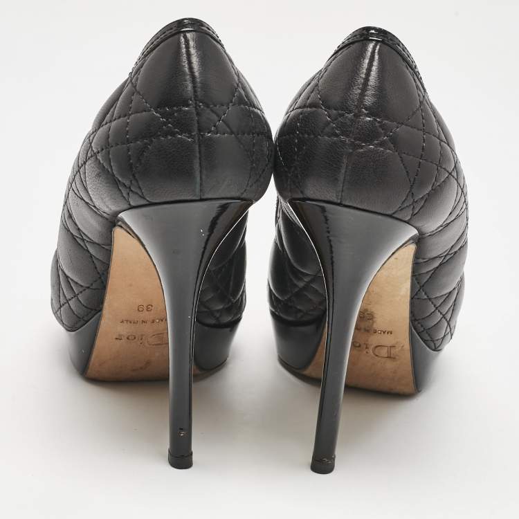 Pre Owned Dior Black Cannage Leather Bow Peep Toe Platform Pumps Size 39