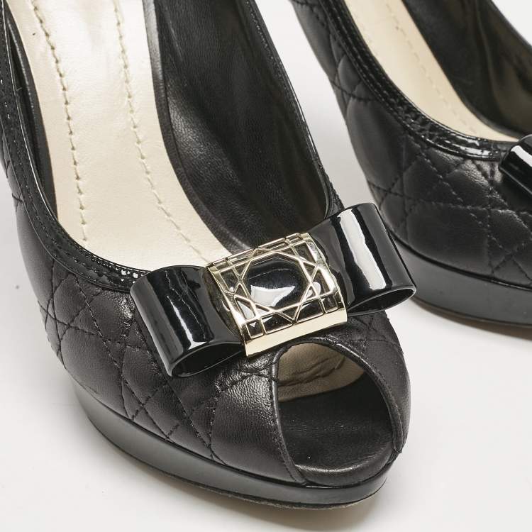 Pre Owned Dior Black Cannage Leather Bow Peep Toe Platform Pumps Size 39
