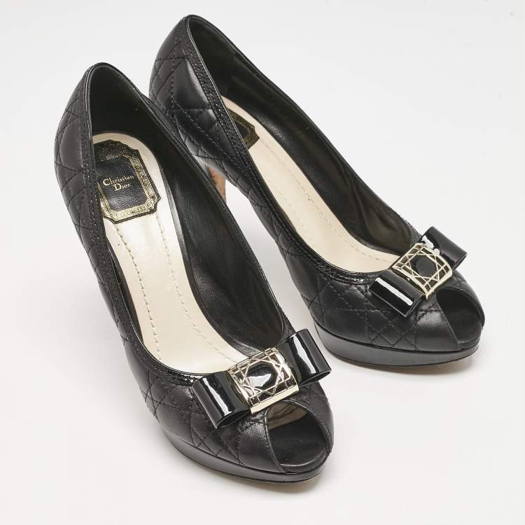Pre Owned Dior Black Cannage Leather Bow Peep Toe Platform Pumps Size 39