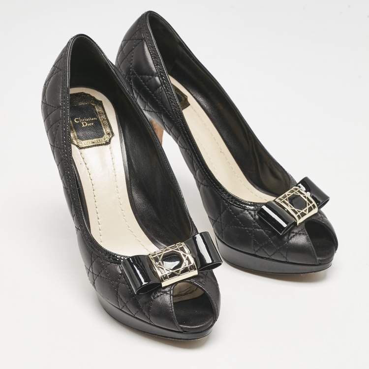 Pre Owned Dior Black Cannage Leather Bow Peep Toe Platform Pumps Size 39