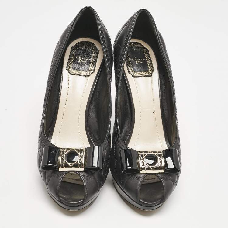 Pre Owned Dior Black Cannage Leather Bow Peep Toe Platform Pumps Size 39