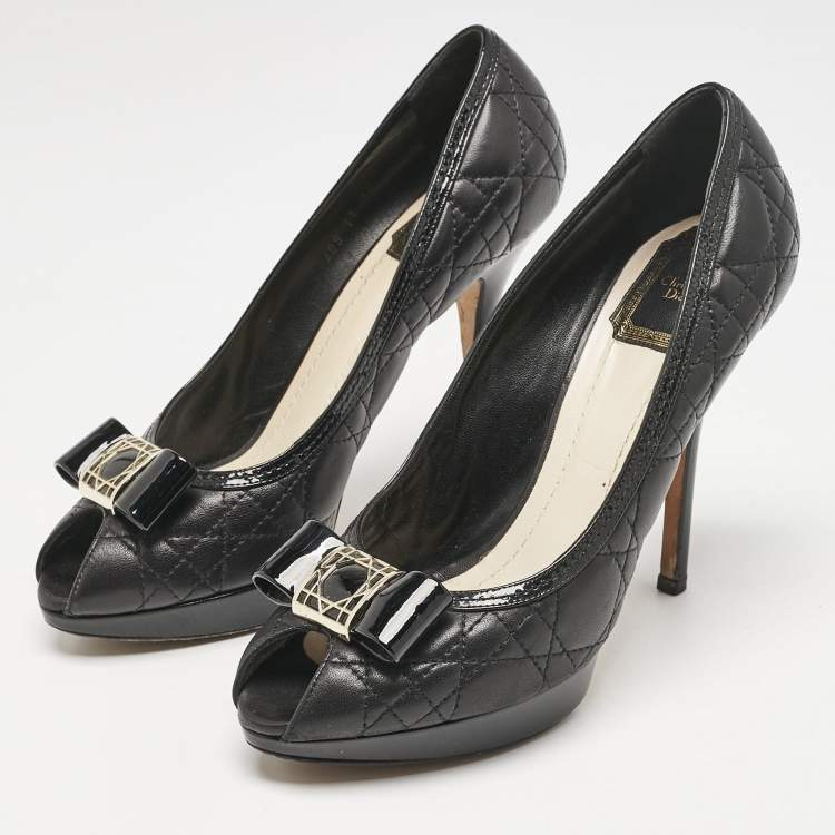 Pre Owned Dior Black Cannage Leather Bow Peep Toe Platform Pumps Size 39
