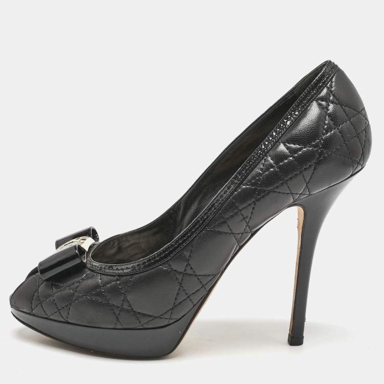 Pre Owned Dior Black Cannage Leather Bow Peep Toe Platform Pumps Size 39