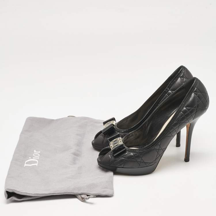 Pre Owned Dior Black Cannage Leather Bow Peep Toe Platform Pumps Size 39