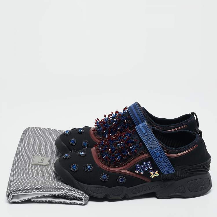 Pre Owned Dior Black/Blue Neoprene and Mesh Embellished Fusion Sneakers Size 39