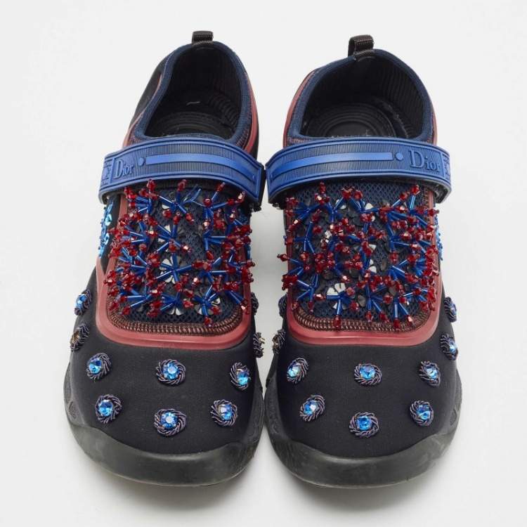 Pre Owned Dior Black/Blue Neoprene and Mesh Embellished Fusion Sneakers Size 39