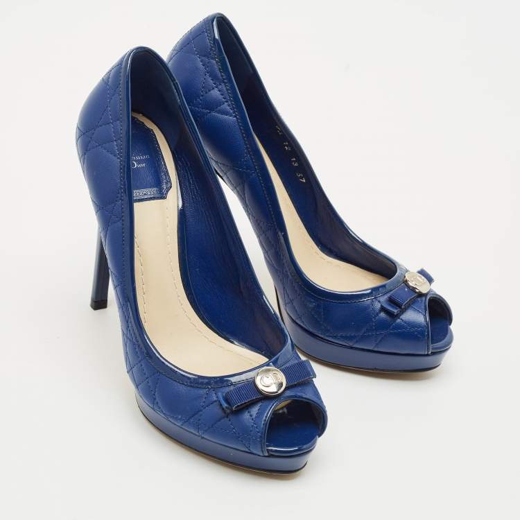 Pre Owned Dior Blue Cannage Leather and Patent Bow Peep Toe Platform Pumps Size 37
