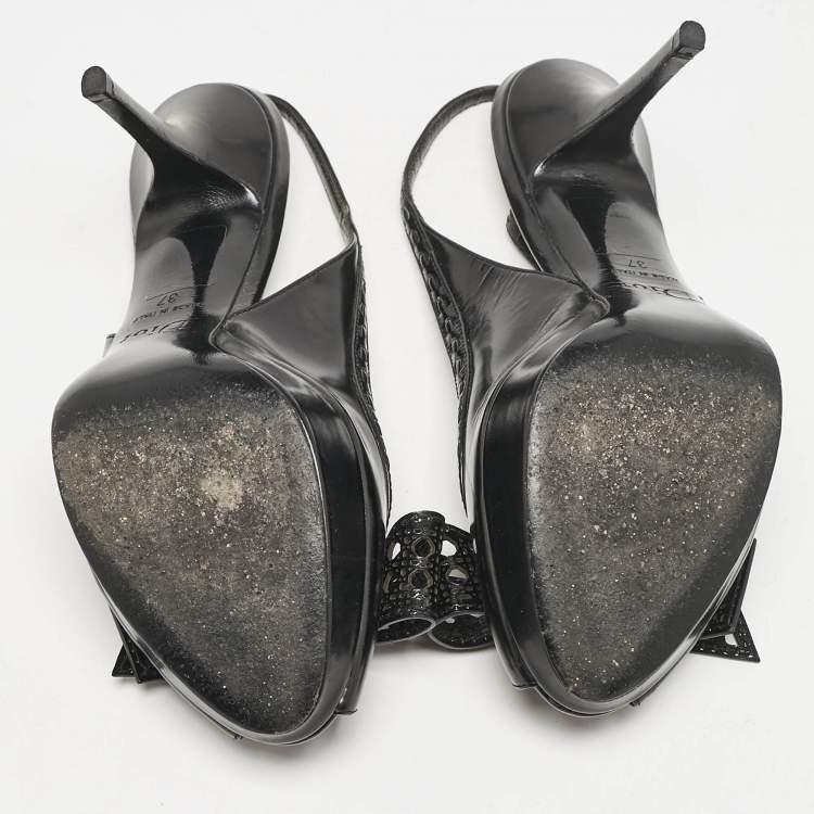 Pre Owned Dior Black Patent Leather Cannage Bow Detail 'Butterfly' Slingback Pumps Size 37