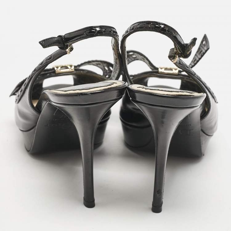 Pre Owned Dior Black Patent Leather Cannage Bow Detail 'Butterfly' Slingback Pumps Size 37