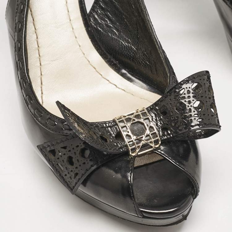 Pre Owned Dior Black Patent Leather Cannage Bow Detail 'Butterfly' Slingback Pumps Size 37