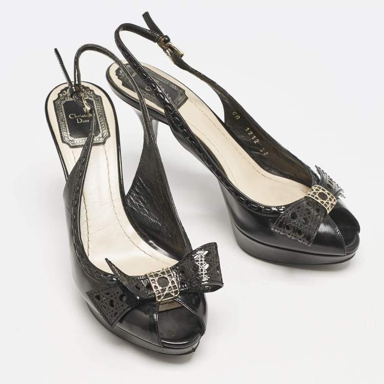 Pre Owned Dior Black Patent Leather Cannage Bow Detail 'Butterfly' Slingback Pumps Size 37
