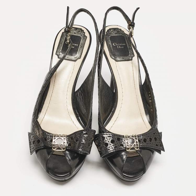 Pre Owned Dior Black Patent Leather Cannage Bow Detail 'Butterfly' Slingback Pumps Size 37