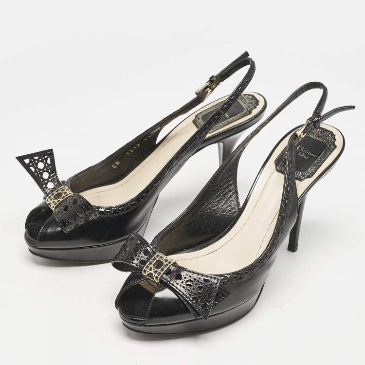 Pre Owned Dior Black Patent Leather Cannage Bow Detail 'Butterfly' Slingback Pumps Size 37